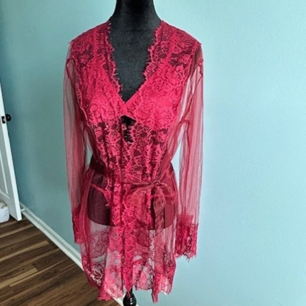 Elegant sheer lace kimono robe with bra and panty